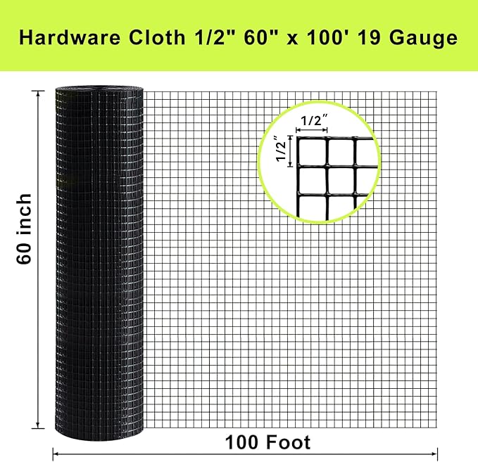 Black Hardware Cloth 60"×100', 19 Gauge 1/2 inch Black PVC Hardware Cloth, Black Vinyl Coated Welded Wire Fence Supports Poultry Netting Chicken Coop Cover Wire Fencing Chicken Run
