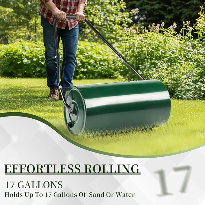 24in Heavy Duty Steel Lawn Roller,Manual Hand Lawns Roller,Water or Sand Filled Garden Rollers,Push/Tow-Behind Yard Rollers,with U-Shaped Handle,for Garden Yard Park Backyard Farm (Green & Black)