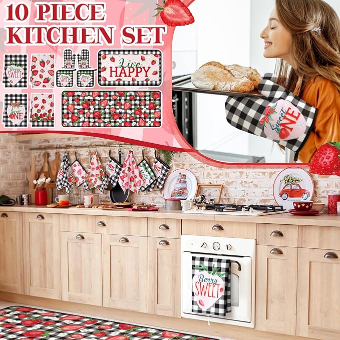 10 Pcs Strawberry Farmhouse Kitchen Decor Set Dish Towels Kitchen Rugs Oven Mitts and Pot Holders Set for Cooking Baking Grilling Women Mom Daughter Gift (Mixed Color)