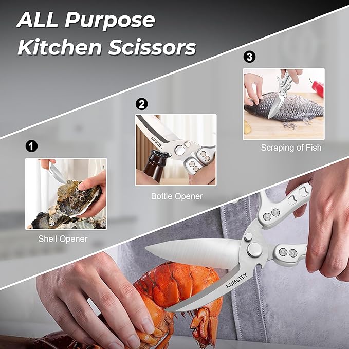 Kitchen Scissors All Purpose Kitchen Shears Heavy Duty for Cutting Chicken, Turkey, Meat, Bones, Vegetables Stainless Steel Spatchcock Shears Multipurpose Food Scissors (Grey)