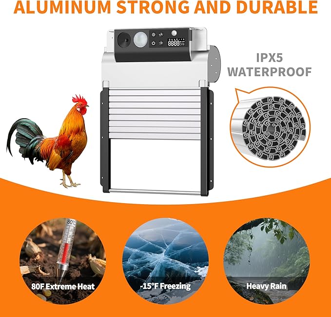 TIANMU Automatic Chicken Coop Door, Solar Powered Chicken Coop Door with Timer & Light Sensor, Automatic Chicken Door Intelligent Anti-Pinch Function & 4 Modes & Remote Control Chicken Door