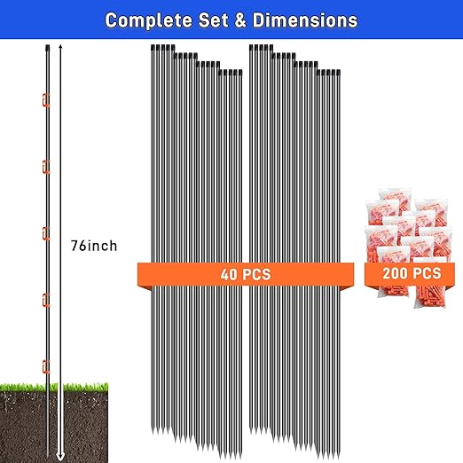 76Inch Electric Fence Posts 40Pack, Fiberglass Fence Post with 200 Adjustable Clips for Garden, Step-in Temporary Fence Stakes for Patio Yard Farm, Glass Fiber Fencing for Livestock Horse Cattle