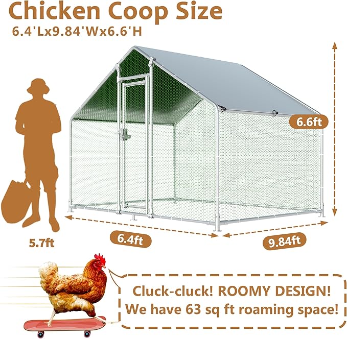 Large Metal Chicken Coop 6.4x9.84x6.6ft Chicken Runs for Yard with Cover, Walk in Chicken Coops for 6-12 Chickens, Heavy Duty Chicken Run Lockable Chicken Pen Outdoor Poultry Cage