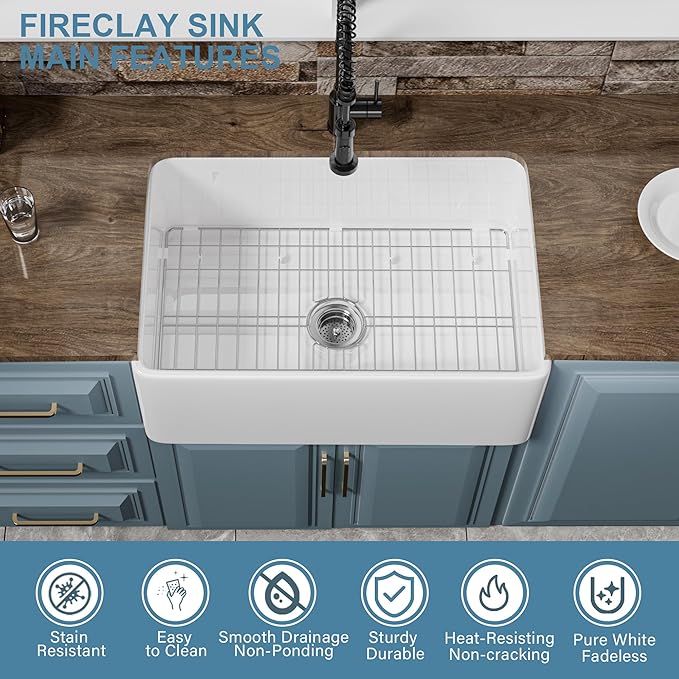 Small Farmhouse Sink 27 x 18 Inch, Firecaly Apron Front Farm Sink, Heavy Duty Single Bowl, with Accessories 2 Types, Undermount, Pure White, for Kitchen, Laundry, Small Space