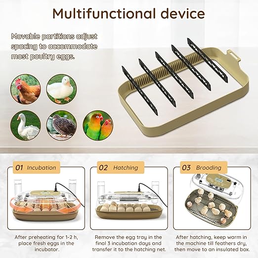 24 Egg Incubator for Hatching Eggs with Temperature and Humidity Control, LED Candling & Auto Turning for Chicken Duck Quail Birds, Ideal for Home Farm, Classroom, Beginners