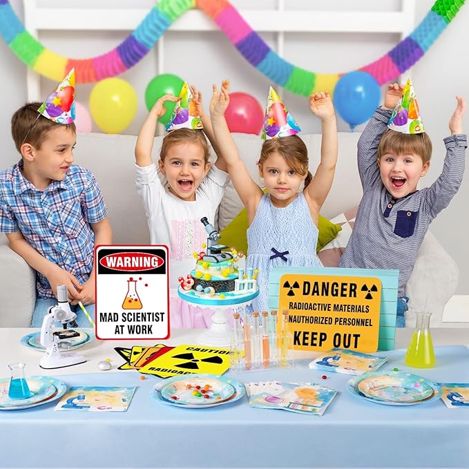 WERNNSAI Science Party Decorations - 9PCS Science Birthday Party Decorations for Boys Girls Chemistry Theme Birthday Party Mad Scientist Sign for Science Classroom Funny Laboratory Sign Decor on Door