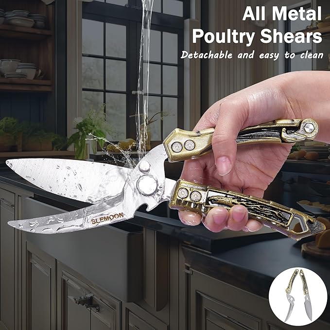 Kitchen Shears Heavy Duty Poultry Shears for Bone,Chicken,Turkey,Meat,Fish and Pizza Cutting Board Kitchen Scissors All Purpose for Food Ideal for Chef and Home Cooking,Dishwasher Safe Brass
