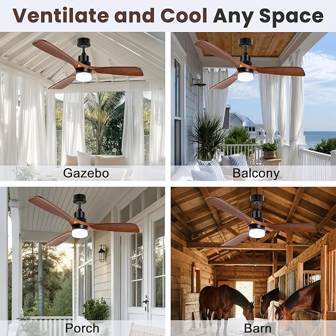Solar Ceiling Fan 42" for Outside 3 Speeds, Outdoor Ceiling Fans with Light & Battery, Quiet Wood Walnut Fan with Adjustable Thermostat for Gazebo, Patios