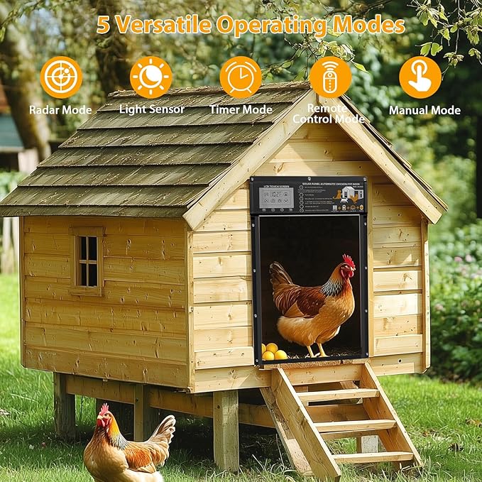 Automatic Chicken Coop Door Solar Powered with Timer & Light Sensor, Motion Sensor, LCD Display & Remote Control, Weatherproof Chicken Door for Chicken, Ducks, Rabbits