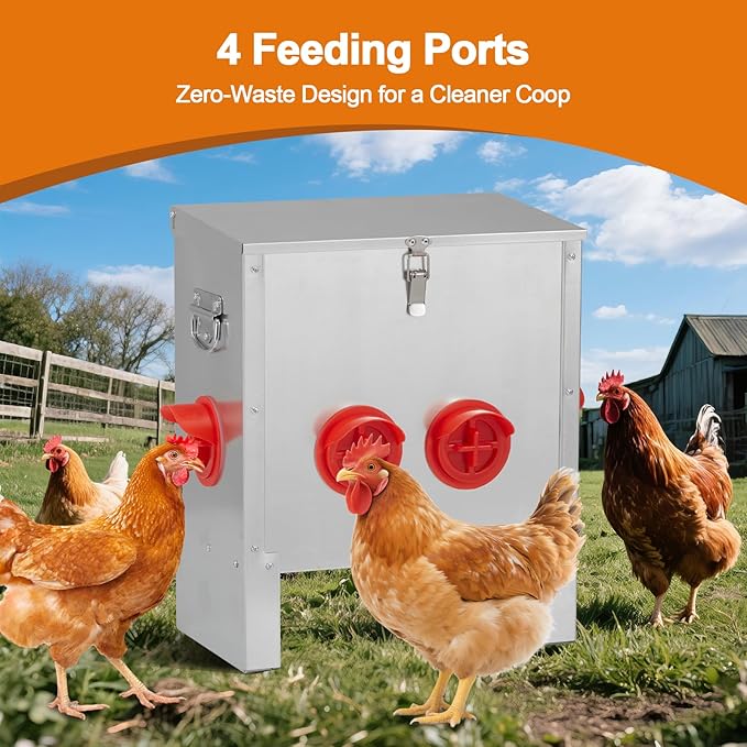 Automatic Chicken Feeder 25lbs Capacity, Galvanized Metal Poultry Feeding Equipment with 4 Ports, Rainproof & Rodent Proof Chicken Food Dispenser for Backyard Coop & Farm Use