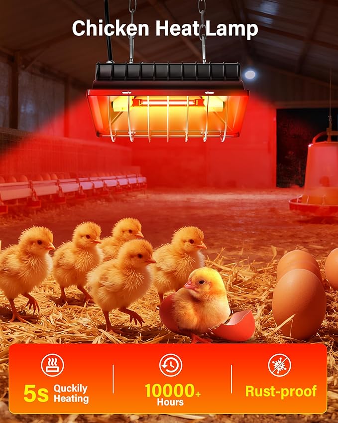 Chicken Coop Heater 2-Pack, 175W & 250W Dual-Mode Heat Lamp for Chickens with 3M Cord, Adjustable Hanging Height Brooder Heater for Ducks, Calves, Poultry and Livestock Pets Warmer in Winter