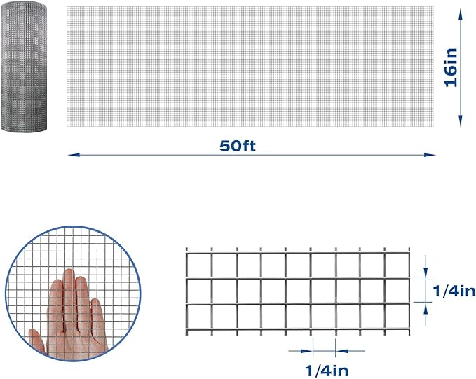 Galvanized After Welding Hardware Cloth 16 in x 50 ft - 1/4 x1/4 inch Mesh 23GA