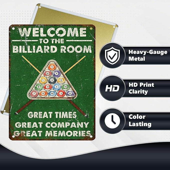 Retro Billiards Tin Sign Welcome to The Billiard Room Vintage Metal Poster great time great company great memories Nostalgic Wall Art Decorations for Home Bar Pub Man cave Shop 16 * 12 In