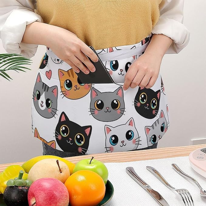 Unisex Apron for Cooking Server Waitress Half Waist Apron with 3 Pockets