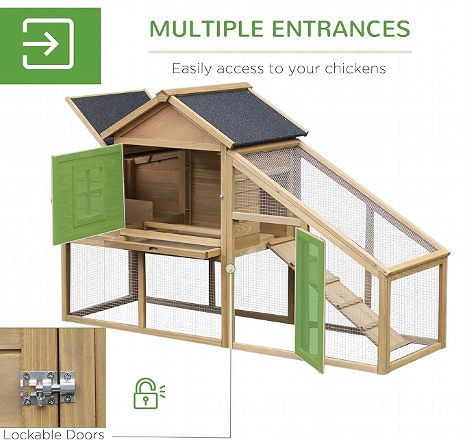 PawHut 69" Wooden Chicken Coop, Poultry Cage Hen House with Connecting Ramp, Removable Tray, Ventilated Window and Nesting Box, Natural