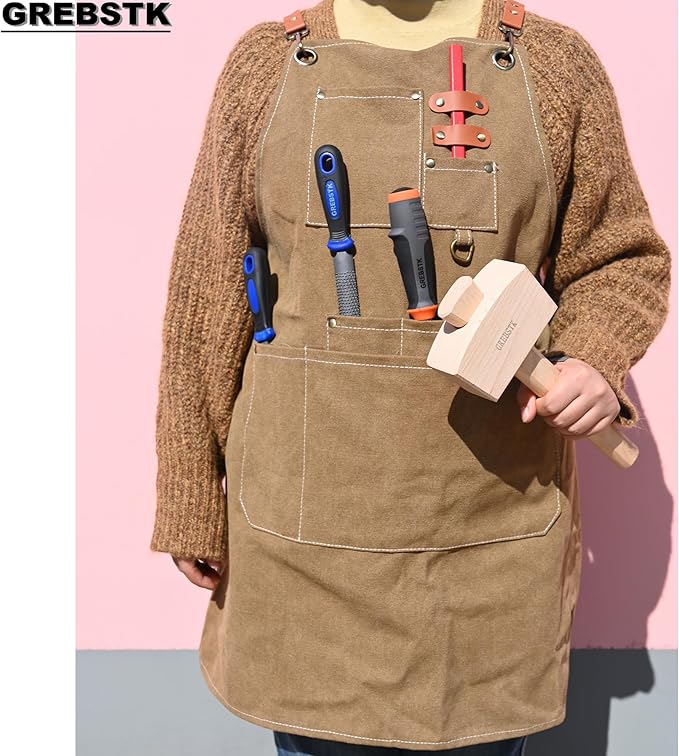 GREBSTK Work Apron Cross Back Adjustable Canvas Tool Apron for Woodworking, Gardening, Cooking