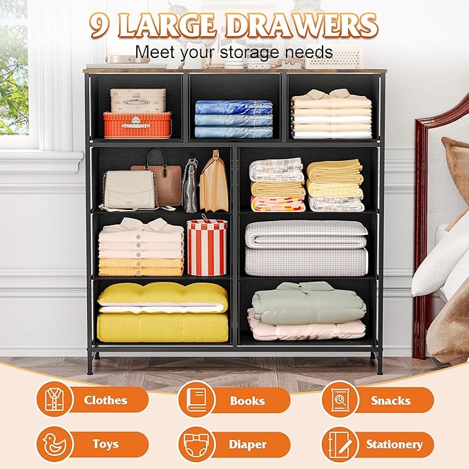 WelFurGeer 9-Drawer Dressers with Sturdy Metal Frame - Tall Chest Organizer Unit with Fabric Bins, Storage Chest of Drawers for Bedroom, Living Room, Hallway, Entryway,Rustic Brown Wood Grain Print