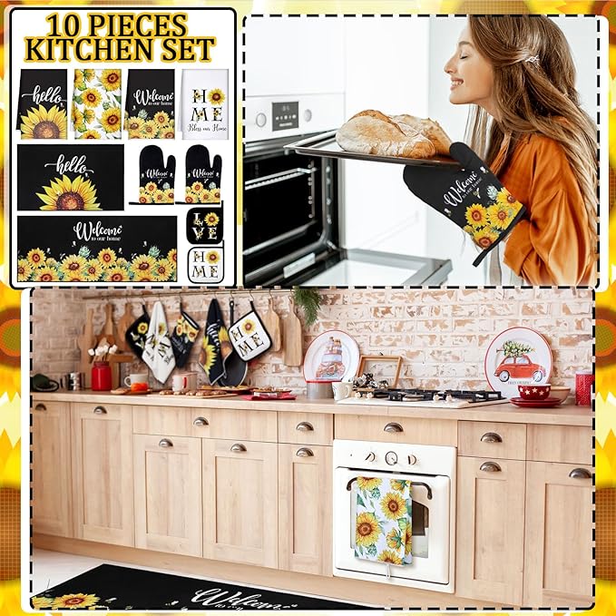 10 Pcs Sunflower Kitchen Dish Towels Rugs Oven Mitts and Pot Holders Set Farmhouse Kitchen Decor Set for Women Mom Daughter Gift Cooking Baking Grilling (Bright Black Yellow)