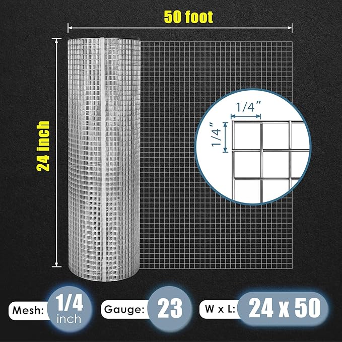 GoldPeak Hardware Cloth 1/4 inch 24 inch x 50 Foot 23 Gauge, Hot-dip Galvanized After Welding, Wire Fence Roll Chicken Coop Wire Fencing Rat Wire Aviary Wire Rodent Wire Mesh Roll