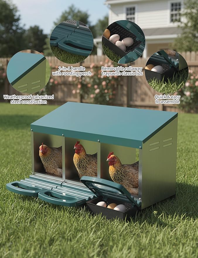 Chicken Nesting Boxes, 3 Hole Metal Rollaway Nest Box for Laying Hens with Cleanable Pull-Out Trays Wall Mount or Placed Design for Easy Egg Collection & Cleaning