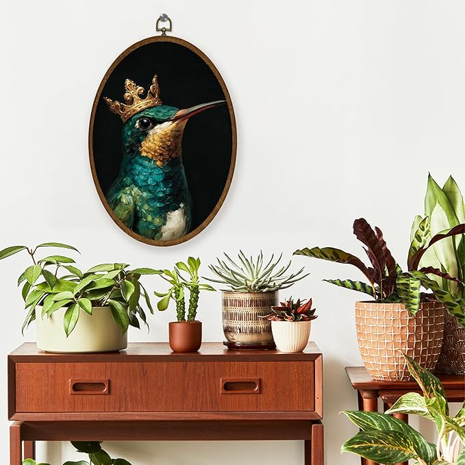 WULQYING Vintage Hummingbird Wall Art Decor, Moody Dark Academia Bird Oval Framed Canvas Art Prints, Emerald Green Bird Lover Gift Wall Hanging Decor for Home Bedroom Living Room, 8.6x11.4 Inches