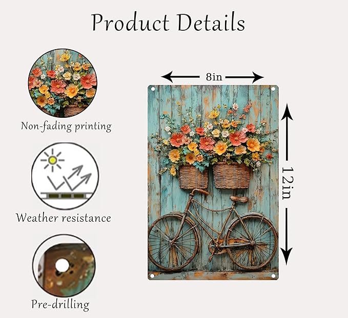 Vintage Floral Bicycle Metal Sign Rustic Farmhouse Daisy Floral Wildflowers Tin Signs Flower Still Life Bike Aluminum Wall art for Home Garden Patio Farm Yard Bar Bathroom Decor 8x12 Inch