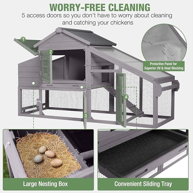 Mobile Chicken Coop with Run, Large Outdoor Wooden Poultry Cage Hen House with Wheels, Nesting Box, Pull-Out Tray, Waterproof Roof, Grey, 72.3" L x 26" W x 39.4" H, for 3-5 Chickens