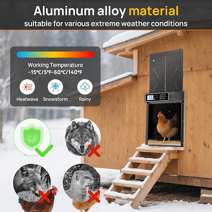 Automatic Chicken Coop Door with LCD Timer – Battery Powered Auto Open/Close, Predator-Proof Aluminum Hen House Door, Weatherproof, Easy Install, Timer-Controlled Coop Door