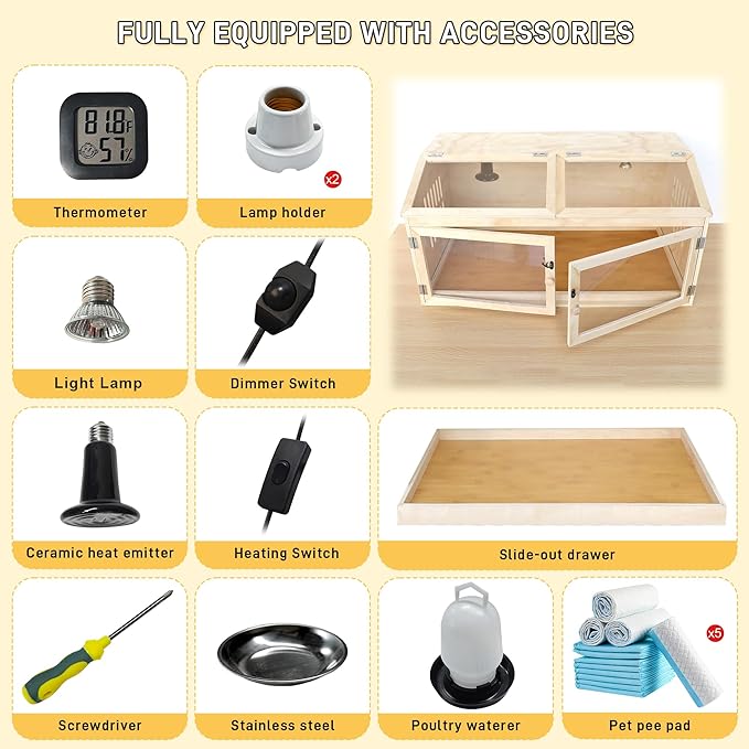 Chicken Brooder Box for Chicks with Sliding Drawer, Large Wooden Chick Brooder Box 32" Wide with Heating Lamp & Thermometer, Fully-Opened Top and Front Door for Chicks, Duck, Quail, Hamster, Reptiles