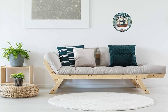 AWISZZZ Woman Cave Sewing Room Metal Sign 8x8in Round Vintage Plaque for Craft Space Wall Decor Seamstress Gift