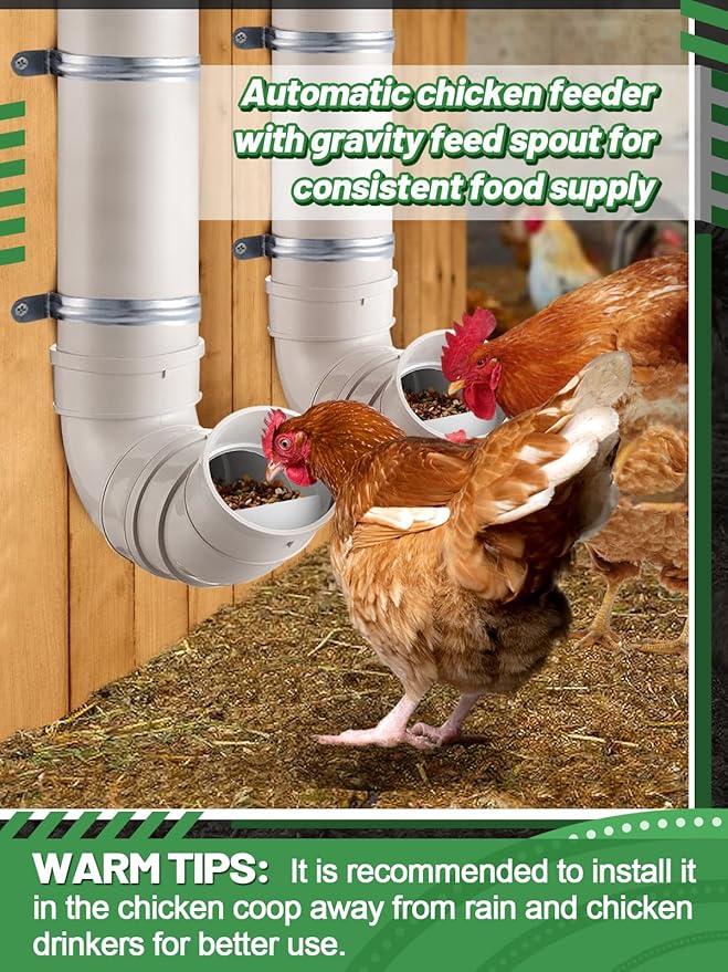 2 Set Automatic Chicken Feeder No Waste - 13 Pounds Large Capacity Heavy Duty PVC Pipe Hanging Chicken Feeder, Poultry Gravity Feed Port for Chicken Long Feeding