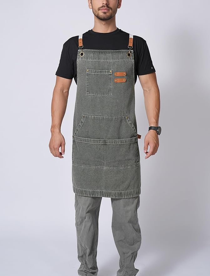 Denim Bbq Apron for Men Women with Pockets Adjustable Cross Back Chef Aprons for Kitchen Cooking Grilling Working