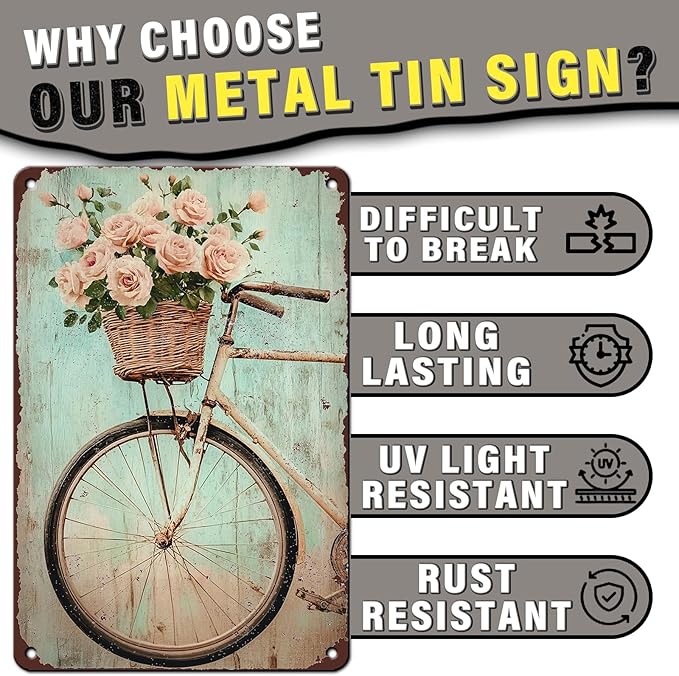 PEACHGARDEN Vintage Spring Metal Sign Bike with Flower Wall Decor Farmhouse Decor for Home Cafes Office Store Pubs Club 8x12inch