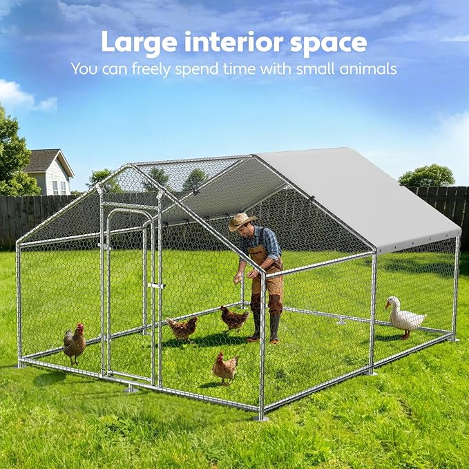 Large Metal Chicken Coop with Waterproof and UV-Resistant Cover, Outdoor Walk-in Cage Hen House for Yard Farm Rabbit Duck Chicken Run Spire Roof (10’ W x 13.2’ L x 6.4’ H)