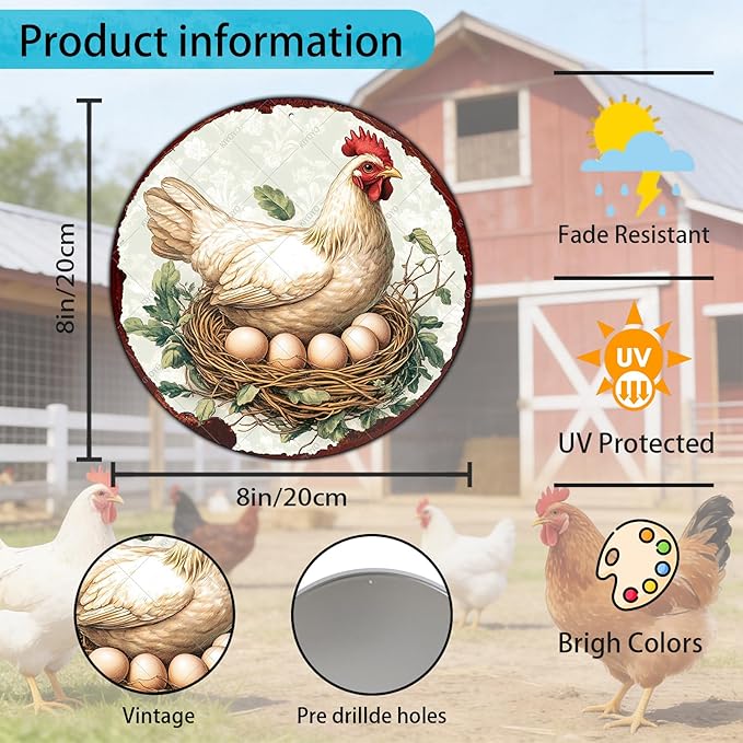 Chicken Coop Hen Round Metal Tin Sign Chicken Wreath Wall Decor Kitchen Farmhouse Outdoor Wall Art for Home Garden Kitchen Farmhouse Decoration Poster 8 Inch