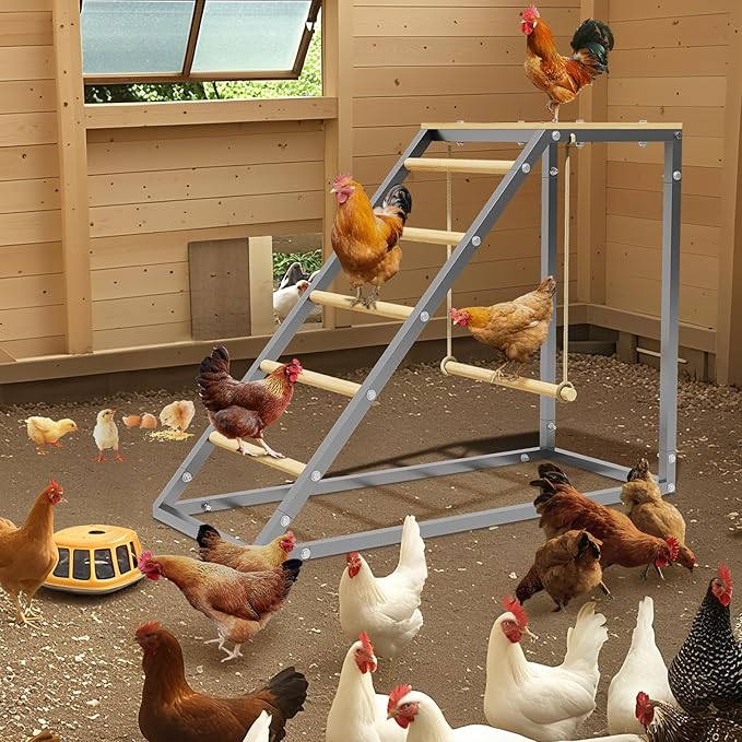 90x40x70cm Wooden Chicken Roosting Bars & Ladder with Swing – Anti-Slip Perch Ramp for Poultry Coop, Hens & Backyard Farms – Promotes Healthy Legs & Enrichment – Easy Install & Clean