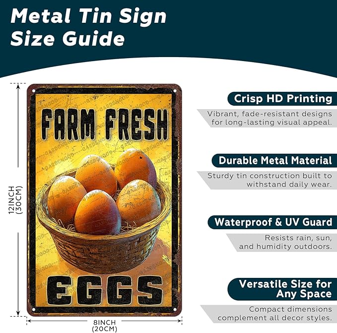Vintage Farm Chicken Metal Sign Fresh Eggs Metal Poster Home Bathroom Kitchen Farmhouse Garden Coffee Retro Aluminium Sign Art Wall Decor Plaque 12x8 Inch
