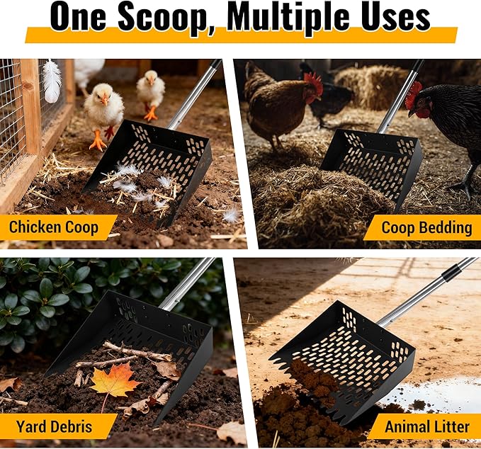 PETNF 2-in-1 Chicken Poop Scooper & Rake with Ergonomic Non-Slip Handle, Adjustable Stainless Steel Handle (30–80"), Large Capacity Basket, Multifunctional Heavy-Duty Scooper, Easy to Install & Clean