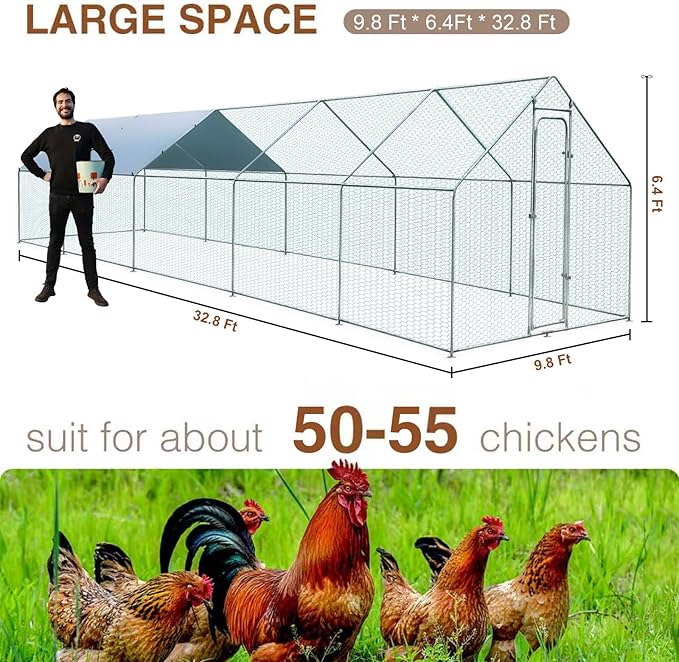 Extra Large Metal Chicken Coop for 50-55 Chickens, Walk-in Chicken Run, Chicken Pen Outdoor W/Cover, Waterproof & Anti-UV, 32.8' D x 9.8' W x 6.4' H, Wire Mesh Poultry Cage for Yard #LYJL10JD-US