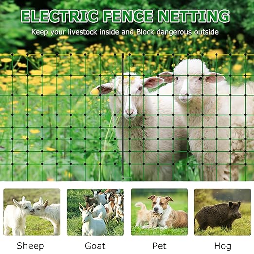 Electric Fence Netting, 35.4" H x 164' L, Portable Livestock Nets with 14 Posts Double Spiked for Hog, Dogs, Deer, Goats, Electric Fencing for Backyards, Homesteaders, Farms, Ranches, Gardens