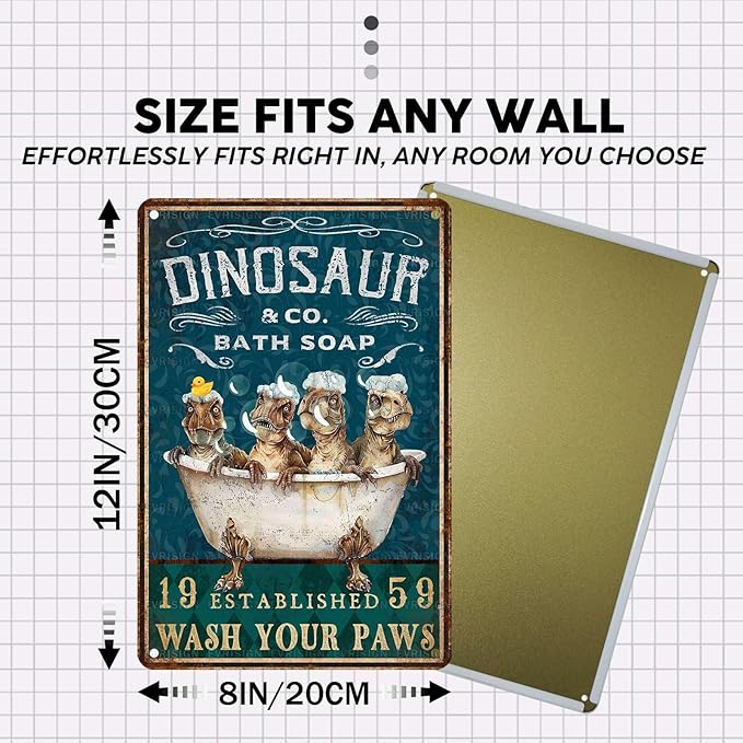 Vintage T-Rex Tin Sign Wash Your Paws Retro Bathroom Metal Sign Funny Dinosaur Nostalgic Wall Decor Decorations for Home Bedroom Toilet Man cave Cafe Kitchen Bar Office Garage 12 * 8In