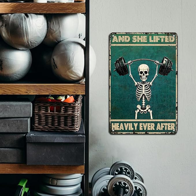 Funny Skull Gym Metal Signs Skeleton And She Lifted Heavily Ever After Tin Sign Weightlifting Fitness Gym Wall Decor Home Kitchen Garden Bar Coffee Restaurant Bathroom Art Workout Room Decor 8x12 Inch