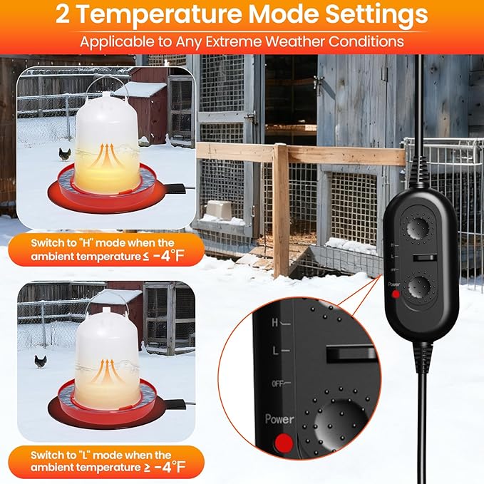 Chicken Water Heater for Winter, 6'' Heated Waterer Base for Metal/Plastic Poultry Waterer, 2-Temperature Settings, Built-in Thermostat (140°F - 194°F), Silicone Coop Heater with 6ft Power Cord (1PC)
