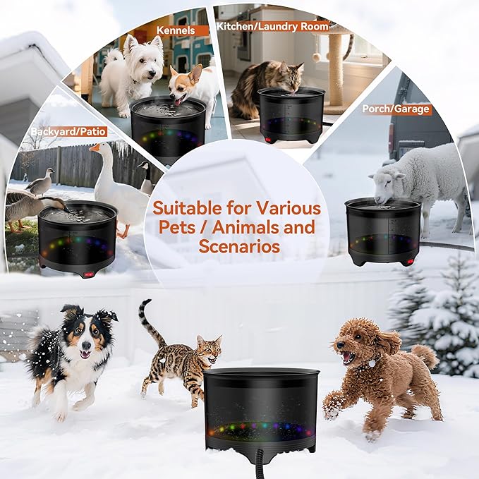 5.5L Heated Water Bowl, 1.45Gal Winter Large Heated Dog Bowls for Outside, Outdoor Waterproof Heat Pet Water Bowl with Chew Resistant Power Cord & LED Neon for Dogs/Cats/Chickens/Ducks