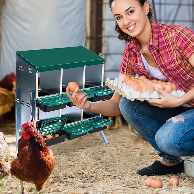 Chicken Nesting Boxes 6 Compartments Chicken Laying Boxes Roll Away Egg Collection Metal Poultry Nest Box with Perch and Lid Cover Free Standing Egg Laying Boxes for Hens Chicken