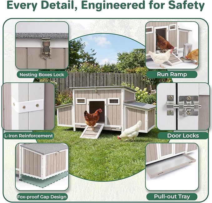 PetsCosset 106" Chicken Coop with Run, Large Chicken Tractor Outdoor Hen House for 2-6 Chickens with 4 Nesting Boxes, 4 Roosting Bars, Openable Roof, Fun Swing Pull-Out Tray for Farm Yard