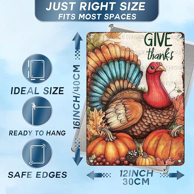 Autumn Turkey Give Thanks Metal Tin Sign Thanksgiving Kitchen Decor for Fall Club Bar Garage Wall Decor 12x16Inch