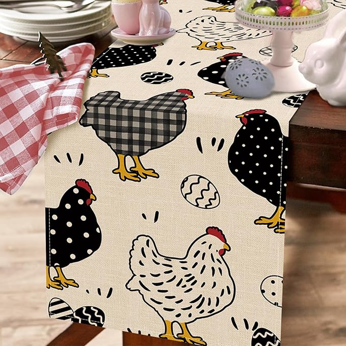Seliem Chicken Hen Table Runner, Black White Eggs Plaid Polka Dots Farm Kitchen Dining Table Decor, Spring Farmhouse Burlap Home Decoration Indoor Outdoor Party Supply 13 x 108 Inches