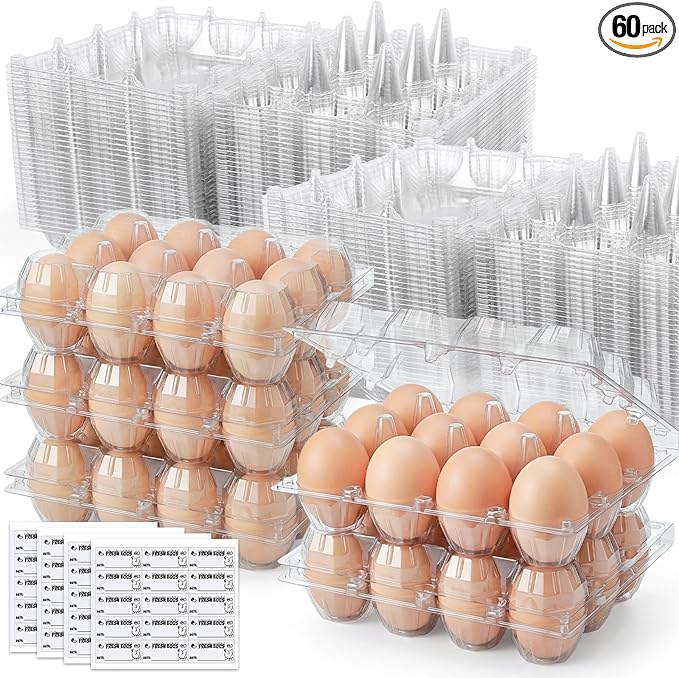 HAKSEN 60 PCS 12 Count Plastic Egg Cartons, with 60PCS Date Labels, Clear Reusable Egg Containers Holds for Fresh Medium Eggs Storage, Suitable for Farms, Family, Markets Display