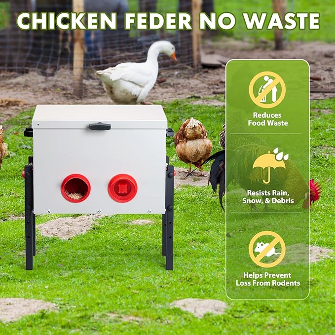 Metal Chicken Feeder with 4 Ports, 30 lbs Metal Poultry Feeder, Height Adjustable Weatherproof Feeding Box for Chickens, Geese, Ducks, Turkeys, Quails (30lbs-4 Ports)